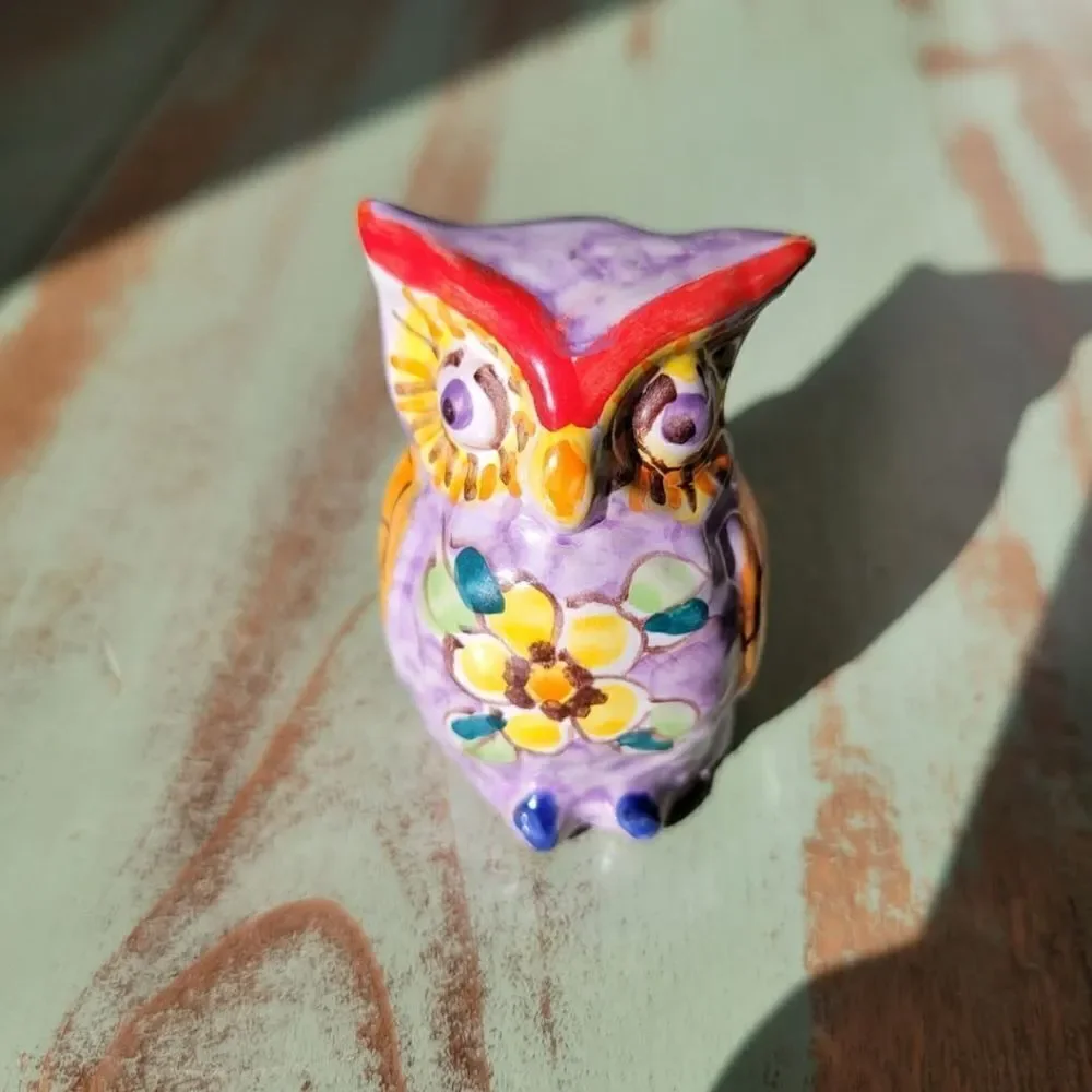 Italian Sorrento Handpainted Floral Folk Art Pottery Owl Figurine